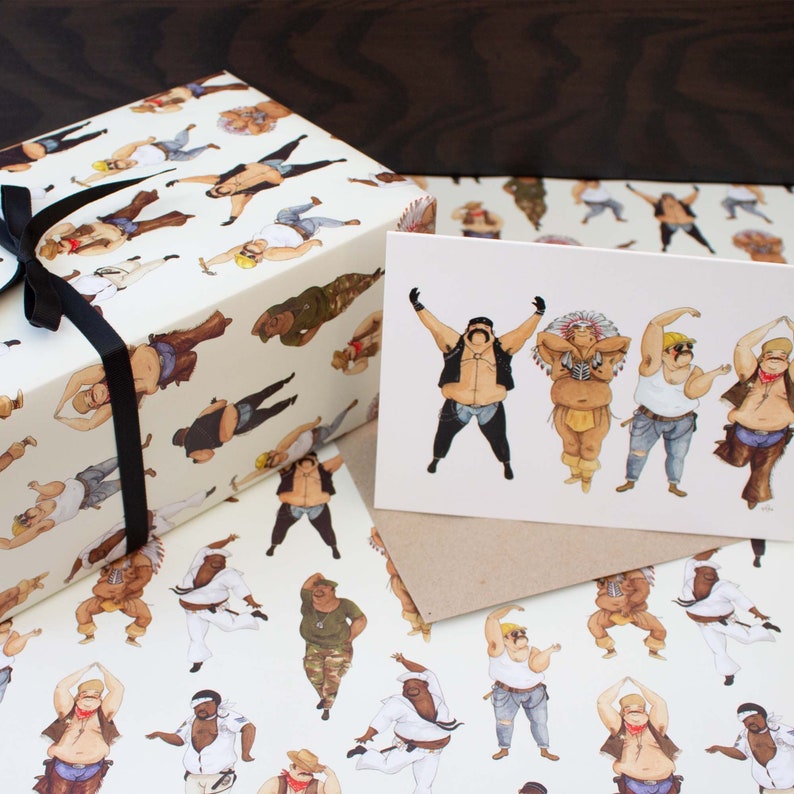 May include: Gift wrap and a greeting card featuring illustrations of diverse figures in various poses. The gift wrap is beige with a repeating pattern of the figures. The card shows five figures in a row. A black ribbon ties the gift wrap.