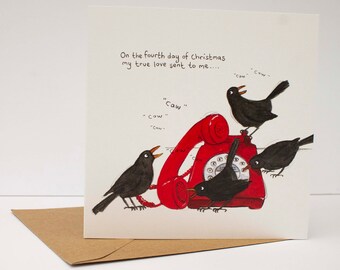 Four Calling Birds Christmas Card: Funny Watercolor Illustration