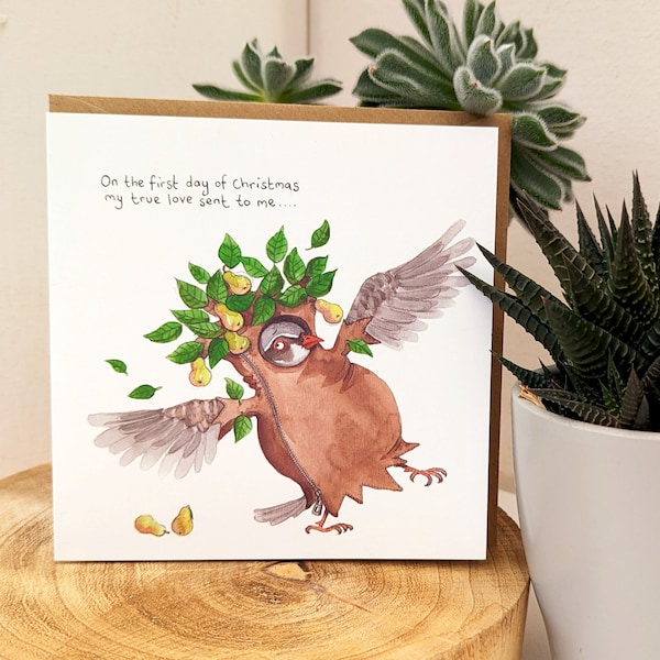 Partridge in a pear tree Christmas card, Funny Christmas card, 1st day of Christmas card, Twelve days of Christmas Illustration