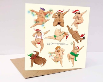 Chubby men Christmas card, male dancers, Xmas card, funny card, card for him, card for her, dancing men, Christmas card