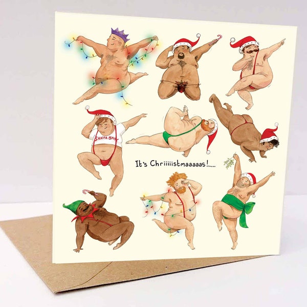 Chubby men Christmas card, male dancers, Xmas card, funny card, card for him, card for her, dancing men, Christmas card