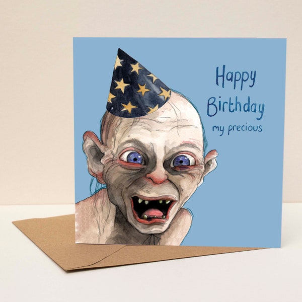 Alles Gute zum Geburtstag meine kostbare Karte; Lustige Geburtstagskarte; Humor; Gollum Geburtstagskarte; Geburtstags-Illustration; Gollum; Herr der Ringe