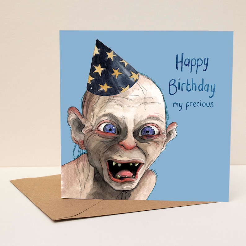 Buon compleanno, mia preziosa carta Biglietto d'auguri divertente Umorismo Biglietto d'auguri per il compleanno di Gollum Compleanno Gollum Illustrazione Gollum LOTR immagine 1