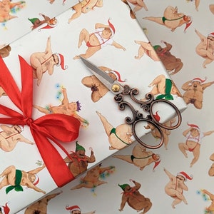 Funny Men Dancing Christmas Wrapping Paper: Watercolor Illustration