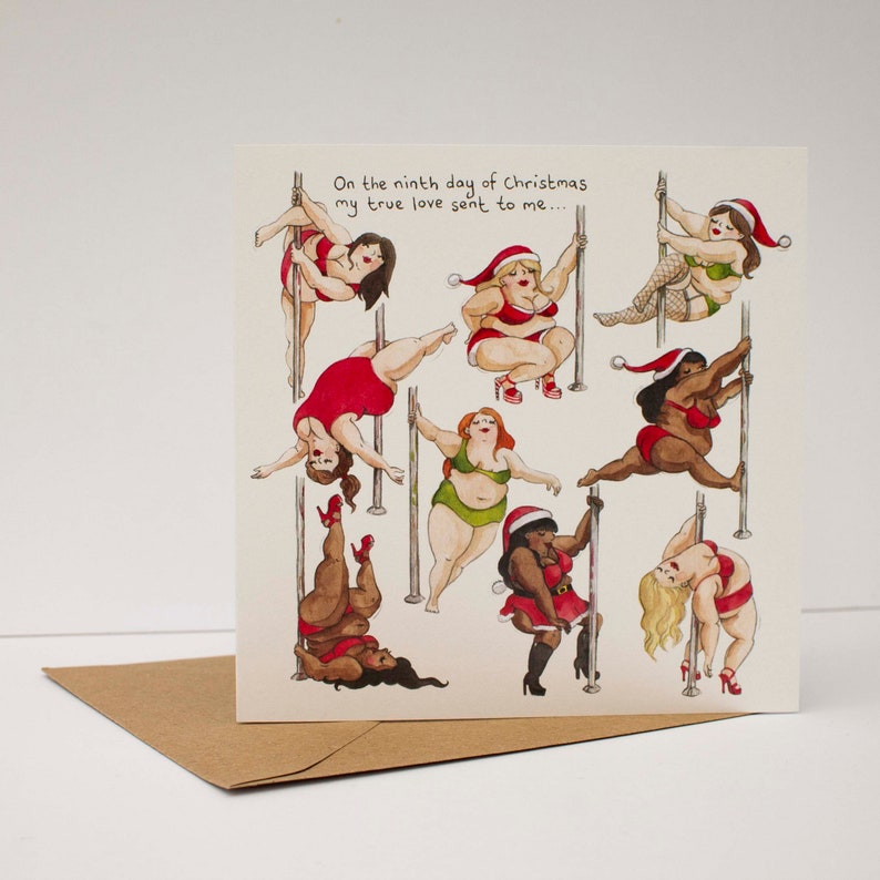 Nine ladies dancing Christmas card, Funny Christmas card, Sexy christmas card, 9th day of Christmas card, Pole dancing christmas card 