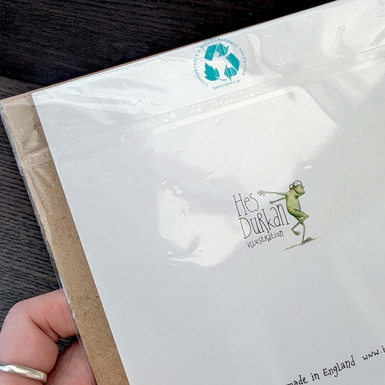 May include: A white card with a green frog illustration and the text "Hes Durkan Illustration" printed on it. The card is packaged in a clear plastic sleeve and has a green and blue circular sticker with a recycling symbol and the text "Compostable & Biodegradable Packaging" printed on it.