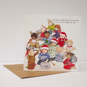 Twelve drummers drumming Christmas card; Funny Christmas card; Humour; 12th day of Christmas card; Twelve days of Christmas; Illustration