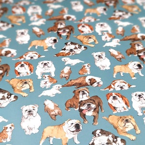 May include: A blue background with a repeating pattern of white, brown, and black bulldog illustrations. The bulldogs are in various poses, including sitting, standing, and lying down.