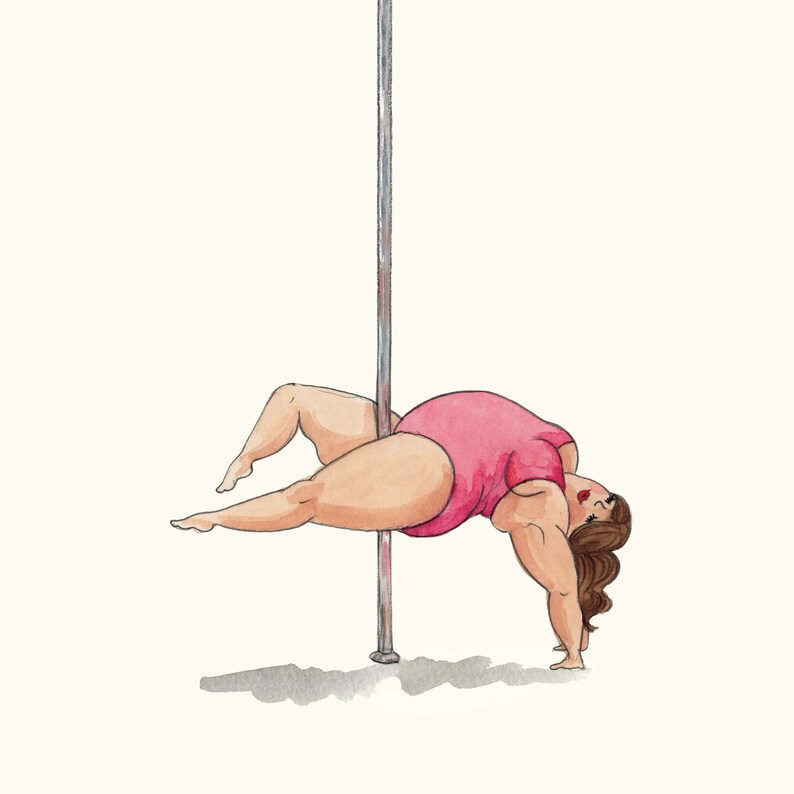 May include: A watercolor illustration of a person in a pink leotard performing a pole dance move. The person is upside down with their legs extended and their arms bent, holding onto the pole. The pole is silver and is set against a white background.