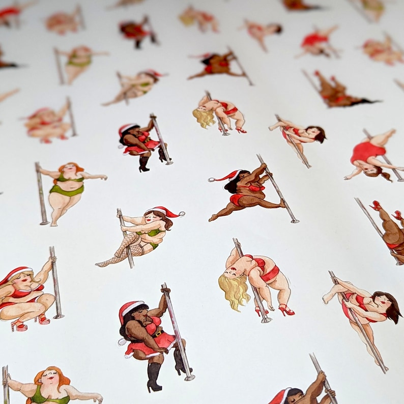 Christmas pole dancer wrapping paper, Plus size Pole dancers gift wrap image 2