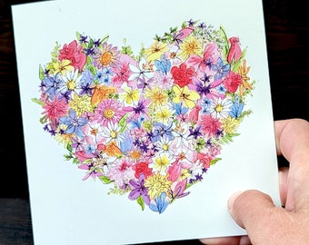 Flower heart Card, Mothers day card, Spring flowers, Easter flower card, Anniversary card, Cute card