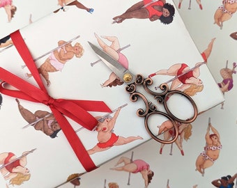 Pole dancing ladies birthday wrapping paper. Fun sexy ladies gift wrap.
