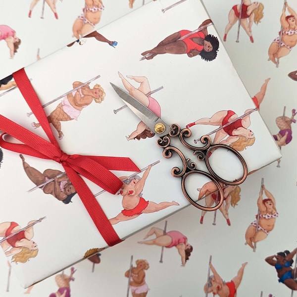 Pole dancing ladies birthday wrapping paper. Fun sexy ladies gift wrap.