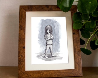 Gevangen in de regenprint, aquarelprint, kinderillustratie, kunst aan de muur