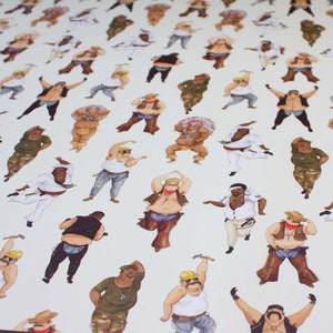 May include: A repeating pattern of illustrated figures in various poses and outfits. The figures are depicted in a variety of attire, including cowboy hats, military uniforms, and construction worker gear. The illustrations are set against a white background.
