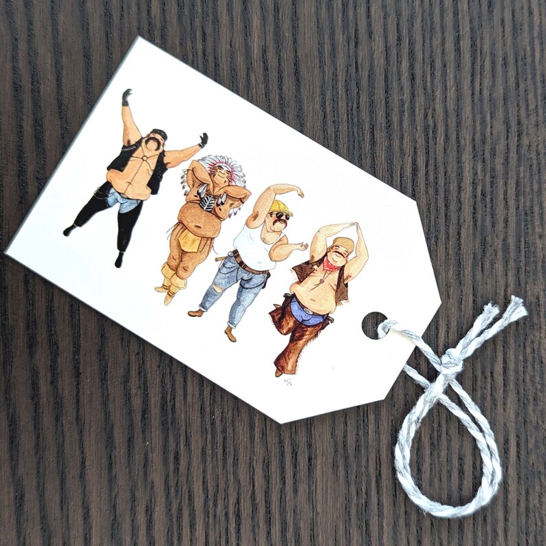 May include: A white tag with a watercolor illustration of four men in various costumes. The men are depicted in a dancing pose. The tag has a white string attached.