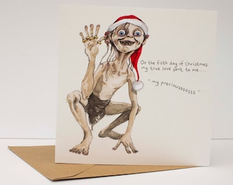 Gollum Five Gold Rings Christmas Card, LOTR, Funny Holiday Card