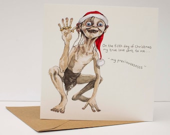 Five gold rings Christmas card, Funny Christmas card, 5th day of Christmas, Twelve days of Christmas, Smeegle Illustration, Gollum, LOTR