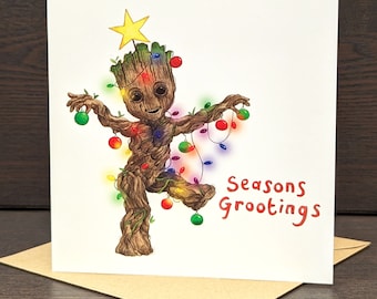 Seasons Grootings Christmas Card, Guardians of the Galaxy, Watercolor Illustration