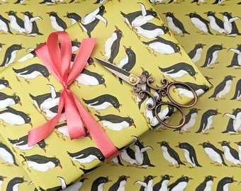 Penguin wrapping paper, Quirky wrapping paper, Penguin gift wrap, Macaroni penguins, Cute penguin gift wrap, Funny penguins