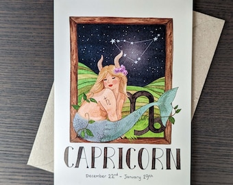 Horoscope greeting card, Zodiac birthday card, Capricorn card, Star sign greeting card, Quirky card