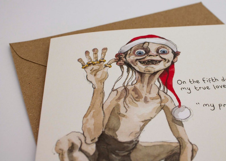 Five gold rings Christmas card, Funny Christmas card, 5th day of Christmas, Twelve days of Christmas, Smeegle Illustration, Gollum, LOTR image 2