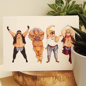 May include: A greeting card featuring a humorous illustration of four men in different costumes. The men are all smiling and appear to be dancing. The card is printed on white cardstock and has a blank inside for writing a message.