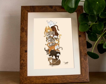 Cat Pile Watercolour Painting: Animal Art Print