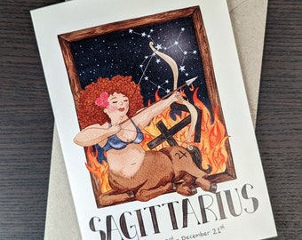 Horoscope greeting card, Zodiac birthday card, Sagittarius card, Star sign greeting card, Quirky card