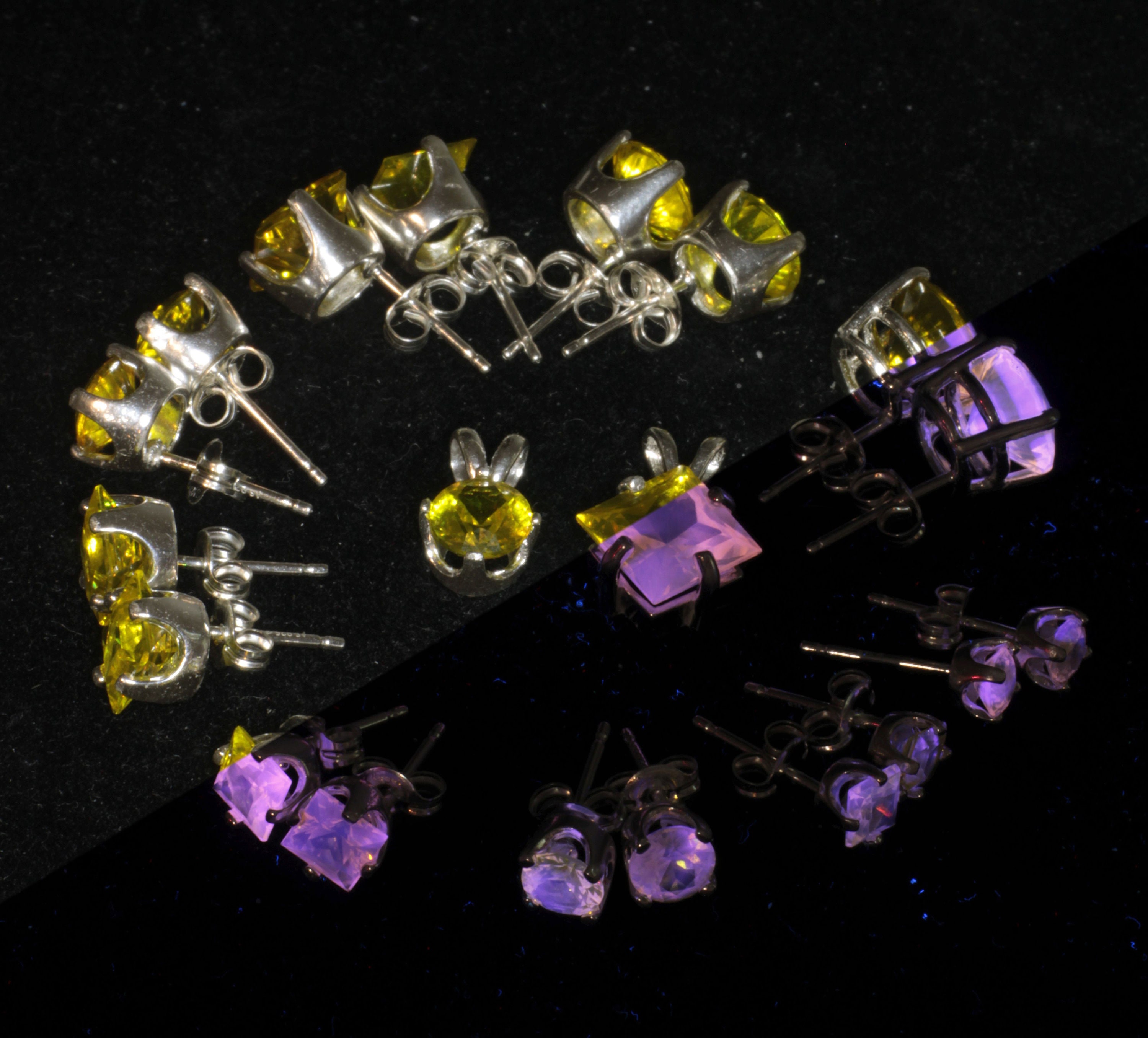 Yellow Laser Yag Jewelry in Sterling Silver, Lab Created Garnet Earrings and Pendants, Pink Fluorescence, CE + ND Yttrium Aluminum Garnet