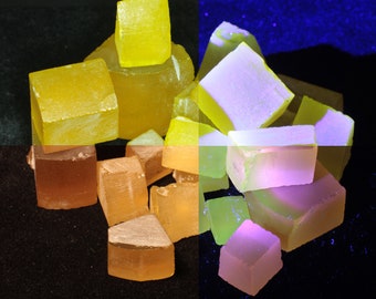 Golden Laser Garnet, Pink and Yellow Fluorescent Amber YAG, Yttrium Garnet Facet Rough You Select Manmade Crystal For Cutting Gems, Ce + Nd