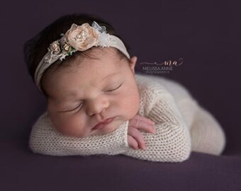 Fall Burnt Orange Flower Baby Headband {natural tie back newborn photography prop rust color newborn tie back}