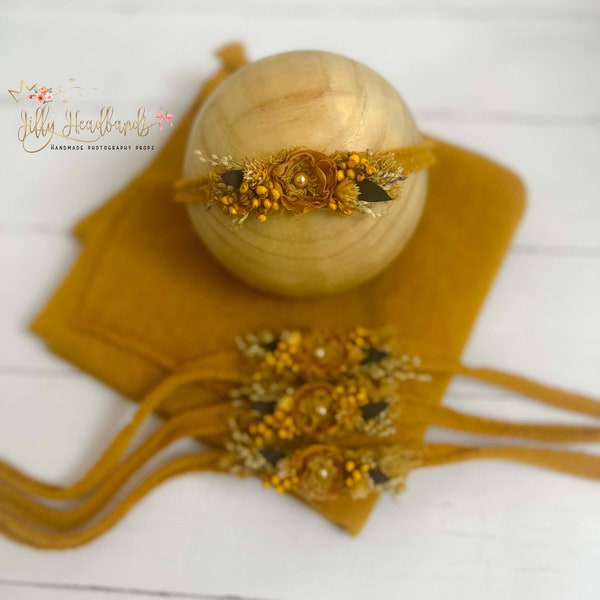 Fall mustard newborn wrap swaddle tieback headband photography props, autumn baby girl knitted layer photoshoot  organic dried flowers halo