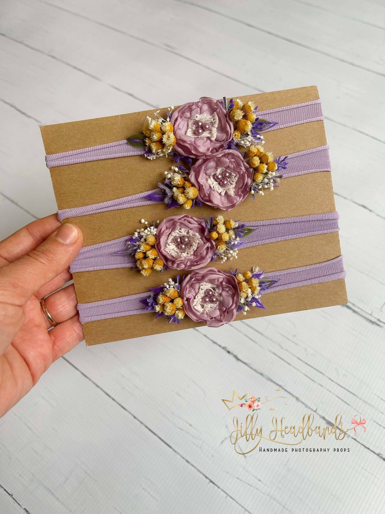 jersey knit fabric Lavender newborn headband and wrap swaddle set photography prop organic baby girl flower band photoshoot props