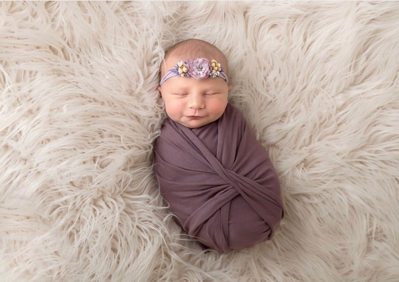jersey knit fabric Lavender newborn headband and wrap swaddle set photography prop organic baby girl flower band photoshoot props