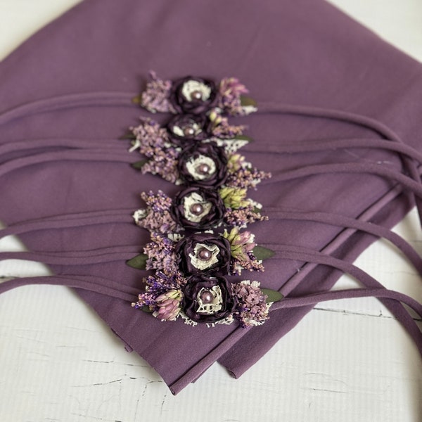 Dark purple newborn tieback headband and wrap swaddle set, small rose flower crown halo, baby girl photography props, jersey knit fabric