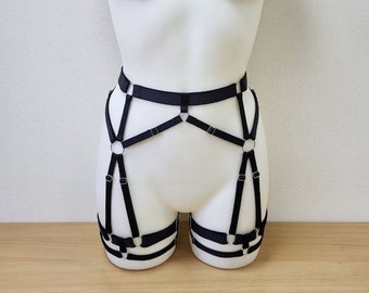 Leg harness lingerie, Garter harness, Black garter belt harness, Waist belt, Butt garters, Open lingerie, Leather harness, Festival harness