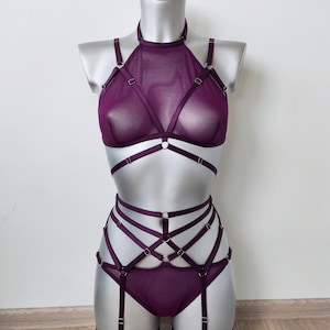 Plum wine transparent lingerie burgundy, Mesh lingerie set, See thru underwear, Bra and panty set, Lingerie see through, Cute underwear
