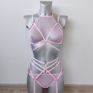 Pink transparent lingerie, Bra and panty set, Lingerie sets sheer, Mesh panty, See thru underwear, Leg garter belt, See through panty