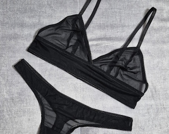 Transparent lingerie for women full set, Handmade lingerie set Ella