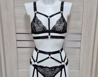 Black floral lingerie set, Garter belt, Embroidery lingerie, Floral lace lingerie, Female lingerie flower, Premium lingerie set