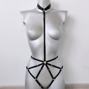 Black full body women harness, Collar open panties harness, Strappy pole dance clothing, Open harness panties, Harness bodysuit