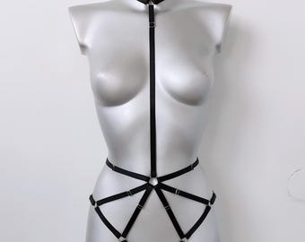 Black full body women harness, Collar open panties harness, Strappy pole dance clothing, Open harness panties, Harness bodysuit