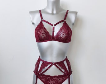 Besticktes Dessous-Set, Blumen-Dessous-Set, Strumpfgürtel, Stickerei-Dessous, Blumen-Spitzen-Dessous, Blumen-Bralette, Dessous-Blume