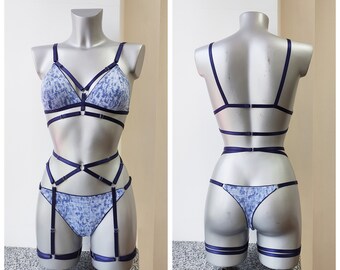 Blaues Damen-Dessous-Set Celia, süße Unterwäsche für Frauen, süße Alltags-Bralette, Tanga-Höschen-Set, BH- und Höschen-Set, komplettes Dessous-Set