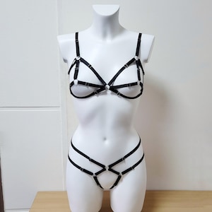 Harness for women full body, Handmade lingerie set Kiki, Cage bra, Open nipple bra, Open panties, Adult lingerie set