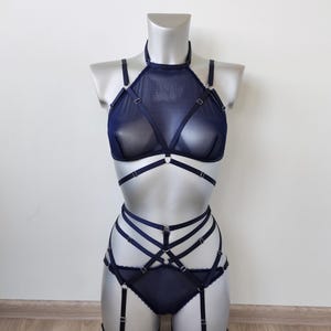 Navy blue transparent lingerie, Mesh lingerie set, See thru underwear, Bra and panty set, Lingerie see through, Cute underwear