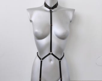 Black harness bondage women lingerie, Full body collar harness playsuit, Harness strappy lingerie, Rave festival woman harness