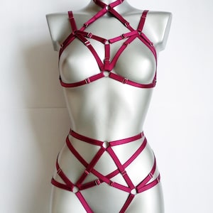 Harness for women full body, Handmade lingerie set Kitana, Choker bralette, Cage bra, Harness panties