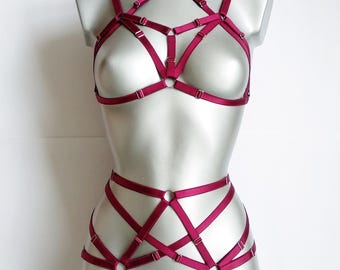 Harness for women full body, Handmade lingerie set Kitana, Choker bralette, Cage bra, Harness panties
